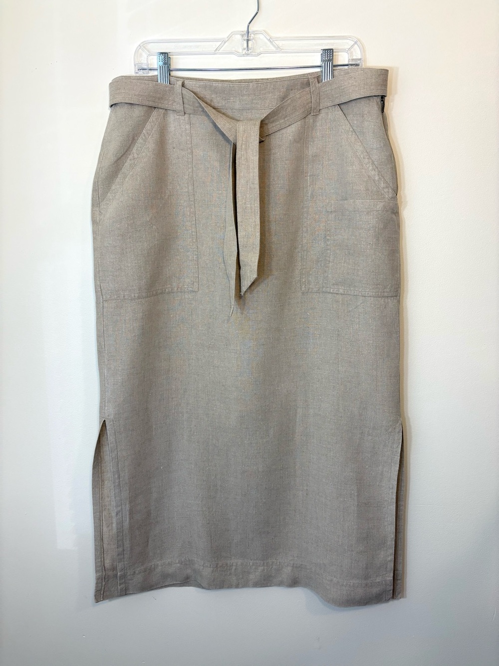 Orvis 100% Linen Utility Midi Skirt Belted Neutral SZ 14 - Picture 2 of 7